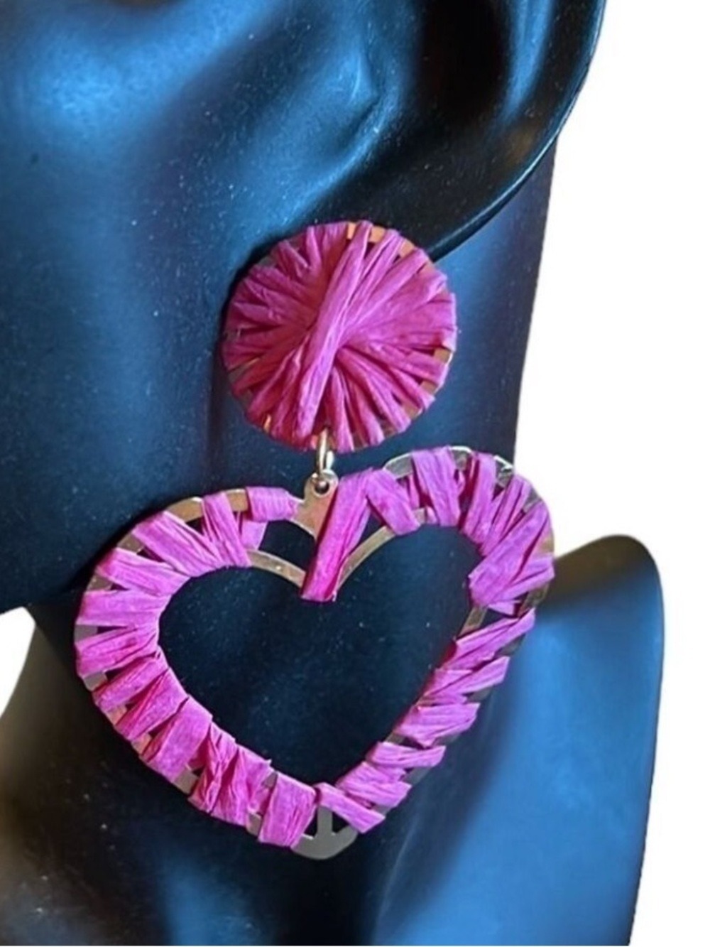Pink Straw Rattan Heart Earrings